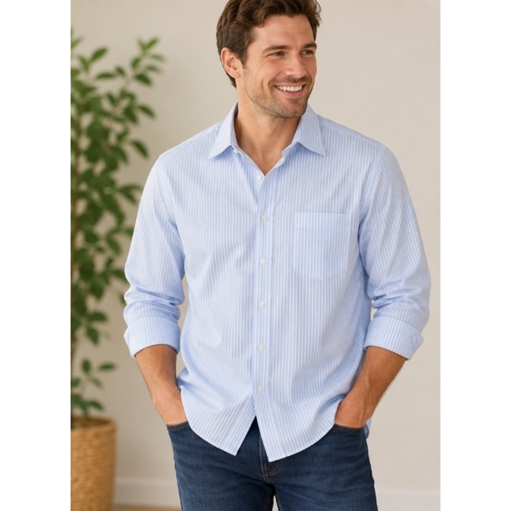 Saks Fifth Avenue Men's Blue Striped Long Sleeve Button-Up Dress Shirt_A113